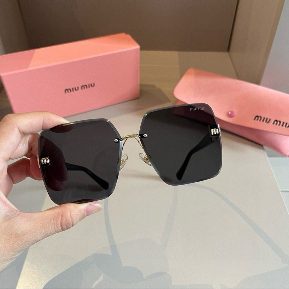 Miu Miu Black Rimless Square Sunglasses with Gold Accents